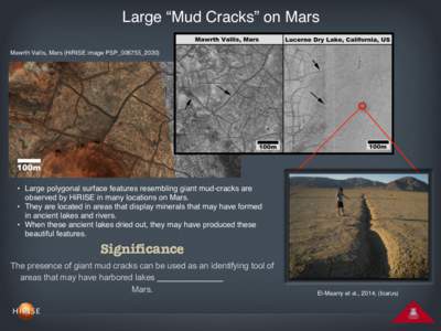 Large “Mud Cracks” on Mars Mawrth Vallis, Mars (HiRISE image PSP_006755_2030) • Large polygonal surface features resembling giant mud-cracks are observed by HiRISE in many locations on Mars.! • They are located i