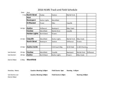 2016 HLMS Track and Field Schedule Date 7-Apr 14-Apr