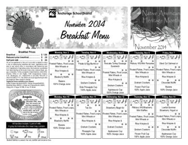 Anchorage School District  November 2014 Breakfast Menu Breakfast Prices