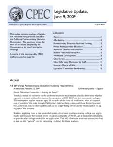 California Postsecondary Education Commission -- Legislative Update, June 9, 2009, Report 09-20