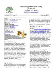 Lewis County Genealogical Society PO Box 782 Chehalis WAhttp://www.walcgs.org  Volume #20 Issue #