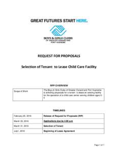 REQUEST FOR PROPOSALS Selection of Tenant to Lease Child Care Facility RFP OVERVIEW Scope of Work