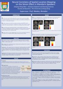 Neural Correlates of Spatial Location Mapping on the Simon Effect in Mandarin Speakers Chuang Ching Man – Division of Speech and hearing Sciences Faculty of Education, The University of Hong Kong  Supervisor: Prof. Wee