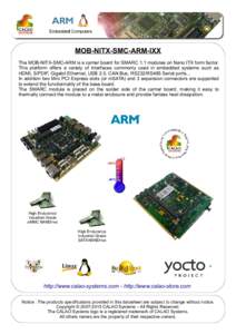 MOB-NITX-SMC-ARM-IXX The MOB-NITX-SMC-ARM is a carrier board for SMARC 1.1 modules on Nano ITX form factor. This platform offers a variety of interfaces commonly used in embedded systems such as HDMI, S/PDIF, Gigabit Eth