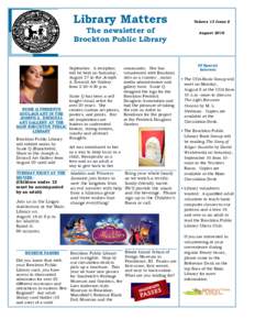 Library Matters The newsletter of Brockton Public Library September. A reception will be held on Saturday,