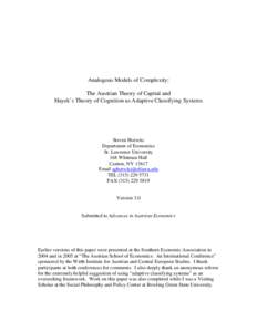 “Analogous Models of Complexity:  Hayek on Capital and Cognition”