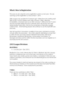 What’s New in Registration This year we are using the same registration system as last year. We are opening up the registration on December 1, 2014. Little League has updated its 