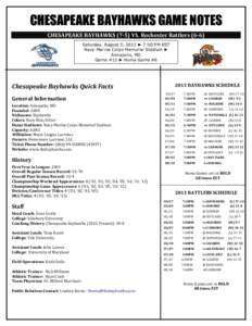 CHESAPEAKE BAYHAWKS GAME NOTES CHESAPEAKE BAYHAWKS[removed]VS. Rochester Rattlers[removed]Saturday, August 3, 2013 ► 7:00 PM EST Navy-Marine Corps Memorial Stadium ► Annapolis, MD Game #13 ► Home Game #6