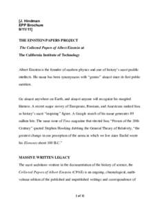 [J. Hindman EPP BrochureTHE EINSTEIN PAPERS PROJECT The Collected Papers of Albert Einstein at The California Institute of Technology