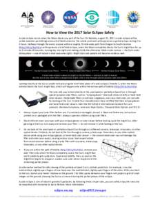 How	to	View	the	2017	Solar	Eclipse	Safely A	solar	eclipse	occurs	when	the	Moon	blocks	any	part	of	the	Sun.	On	Monday,	August	21,	2017,	a	solar	eclipse	will	be	 visible	(weather	permitting)	across	all	of	North	America.	Th
