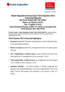 November 24, 2014  Bank Hapoalim Announces Third Quarter 2014 Financial Results Net Profit totaled NIS 740 million Return on Equity of 9.9%