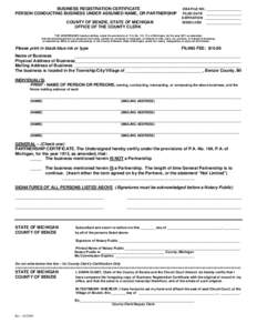 BUSINESS REGISTRATION CERTIFICATE PERSON CONDUCTING BUSINESS UNDER ASSUMED NAME, OR PARTNERSHIP COUNTY OF BENZIE, STATE OF MICHIGAN OFFICE OF THE COUNTY CLERK  DBA FILE NO. ___________________