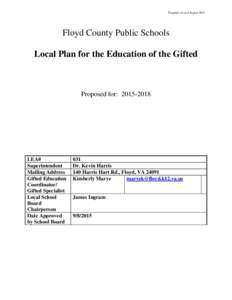 Template revised AugustFloyd County Public Schools Local Plan for the Education of the Gifted  Proposed for: 
