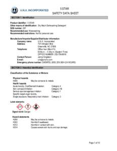 5 STAR SAFETY DATA SHEET SECTION 1: Identification Product identifier: 5 STAR Other means of identification: Dry Mach Dishwashing Detergent SDS number: 267