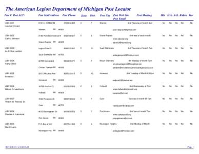 The American Legion Department of Michigan Post Locator Post # Post ALTName Post Mail Address  LGN 0001