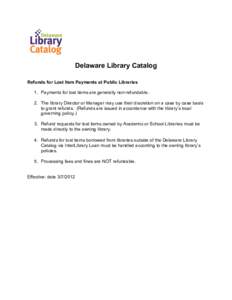  Delaware Library Catalog Refunds for Lost Item Payments at Public Libraries