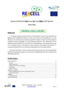 Advanced Multi-Fuel Reformer for Fuel CELL CHP Systems ReforCELL Editorial  Newsletter – Issue 1 – July 2012