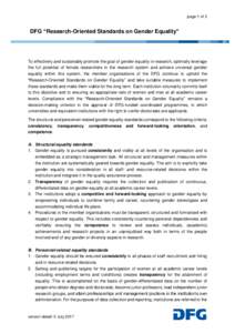 page 1 of 2  DFG “Research-Oriented Standards on Gender Equality” Fehler! Textmarke nicht definiert. To effectively and sustainably promote the goal of gender equality in research, optimally leverage
