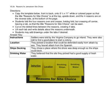 VS.3b Reasons for Jamestown Site Choice  Directions: Copy the template below, front to back, onto 8 ½ x 11” white or colored paper so that the title “Reasons for Site Choice” is at the top, upside down, and the 4 