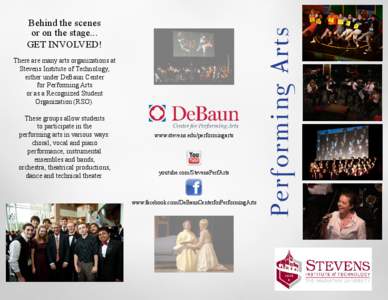 There are many arts organizations at Stevens Institute of Technology, either under DeBaun Center for Performing Arts or as a Recognized Student Organization (RSO).