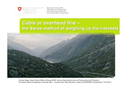 Cornelia Gogel, Swiss Federal Office of Energy SFOE, Service Head sectoral plan and Planning Approval Procedure The Swiss method of weighing up interests cable – overhead lines; RGI Workshop hosted by SWISSGRID, Spreit