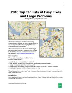 Top Ten lists of Easy Fixes and Large Problems Making Ottawa cycling safer and easier