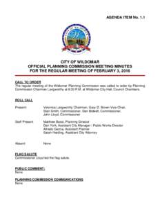 AGENDA ITEM NoCITY OF WILDOMAR OFFICIAL PLANNING COMMISSION MEETING MINUTES FOR THE REGULAR MEETING OF FEBRUARY 3, 2016 CALL TO ORDER