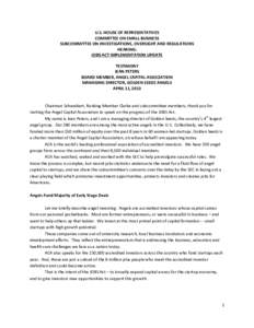 U.S. HOUSE OF REPRESENTATIVES COMMITTEE ON SMALL BUSINESS SUBCOMMITTEE ON INVESTIGATIONS, OVERSIGHT AND REGULATIONS HEARING: JOBS ACT IMPLEMENTATION UPDATE TESTIMONY