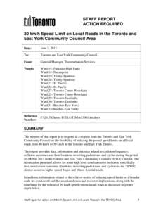 30 km/h Speed Limit on Local Roads in the Toronto and East York Community Council Area