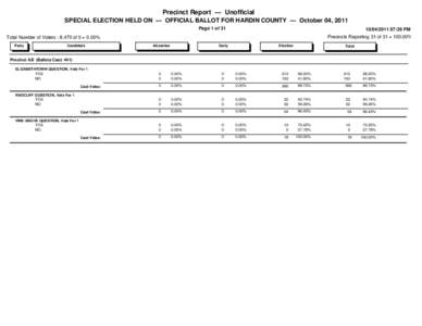 Precinct Report — Unofficial SPECIAL ELECTION HELD ON — OFFICIAL BALLOT FOR HARDIN COUNTY — October 04, 2011 Page 1 of:26 PM