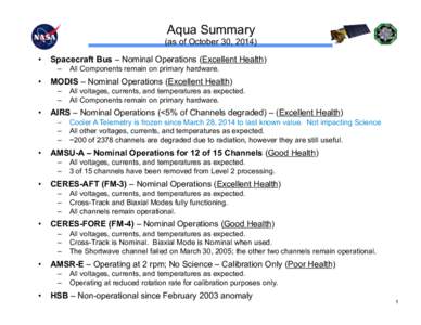 Aqua Summary (as of October 30, 2014) •  Spacecraft Bus – Nominal Operations (Excellent Health) ‒  All Components remain on primary hardware.  •  MODIS – Nominal Operations (Excellent Health)