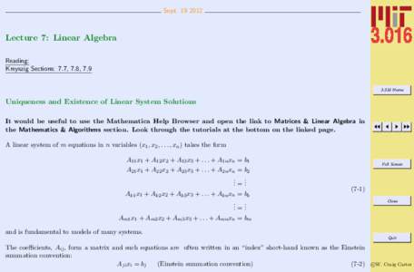 SeptLecture 7: Linear Algebra Reading: Kreyszig Sections: 7.7, 7.8, 7.9