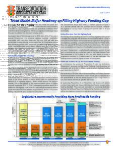 www.transportationadvocatesoftexas.org June 22, 2015 Texas Makes Major Headway on Filling Highway Funding Gap The Texas Department of Transportation has made the point that approximately $5 billion a year in new and sust