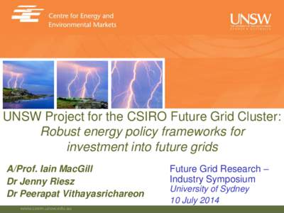 UNSW Project for the CSIRO Future Grid Cluster: Robust energy policy frameworks for investment into future grids A/Prof. Iain MacGill Dr Jenny Riesz Dr Peerapat Vithayasrichareon