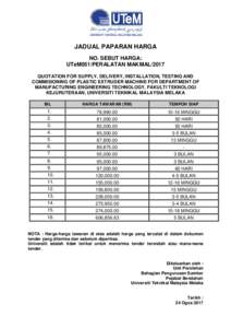 JADUAL PAPARAN HARGA NO. SEBUT HARGA: UTeM051/PERALATAN MAKMAL/2017 QUOTATION FOR SUPPLY, DELIVERY, INSTALLATION, TESTING AND COMMISIONING OF PLASTIC EXTRUDER MACHINE FOR DEPARTMENT OF MANUFACTURING ENGINEERING TECHNOLOG