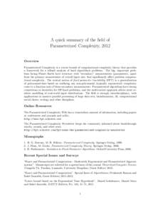 Analysis of algorithms / Parameterized complexity / Michael Fellows / Kernelization / Bidimensionality / Exponential time hypothesis / Time complexity / Complexity / FO / Theoretical computer science / Computational complexity theory / Applied mathematics