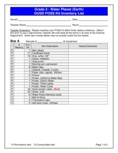 Microsoft Word - FOSS Kit Inventory List - Grade 5 - Water Planet (Earth)