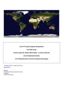 List of ITU special regional designations ITU CIRAF zones Country Codes for Citizens Band Radio - 11 meter prefix list List of Independent States List of Dependencies and Areas of Special Sovereignty