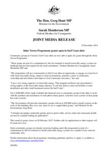 Solar Towns Programme grants open in Surf Coast shire - joint media release 19 December 2014