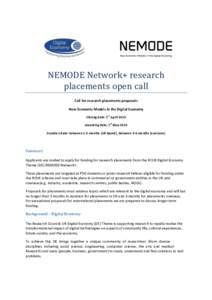NEMODE Network+ research placements open call Call for research placements proposals New Economic Models in the Digital Economy st