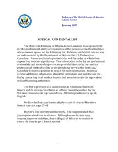 Embassy of the United States of America Athens, Greece January[removed]MEDICAL AND DENTAL LIST