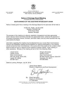 Public Meeting Notice:  South Branch of the Cass River Intercounty Drain Board Meeting - July 29, 2016