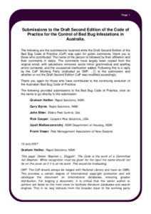 Page 1  Submissions to the Draft Second Edition of the Code of Practice for the Control of Bed Bug Infestations in Australia. The following are the submissions received while the Draft Second Edition of the