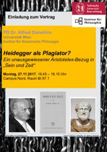 Einladung zum Vortrag  PD Dr. Alfred Dunshirn Universität Wien Institut für Klassische Philologie