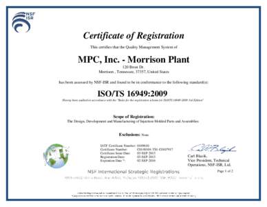 Certificate of Registration This certifies that the Quality Management System of FT  MPC, Inc. - Morrison Plant