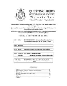 QUESTING HEIRS GENEALOGICAL SOCIETY N e w s l e tt e r  Volume 45  Number 9  September 2012