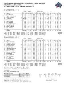 Official Basketball Box Score -- Game Totals -- Final Statistics VILLANOVA vs OKLAHOMA:09PM at NRG Stadium, Houston, TX VILLANOVA 95 • 34-5 ##