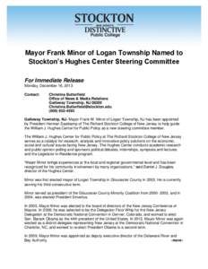 Mayor Frank Minor of Logan Township Named to Stockton’s Hughes Center Steering Committee For Immediate Release