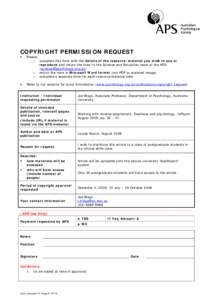 COPYRIGHT PERMISSION REQUEST · Please: o complete this form with the details of the resource/material you wish to use or reproduce and return the form to the Science and Education team at the APS