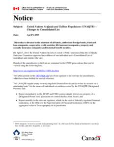 Notice Subject: United Nations Al-Qaida and Taliban Regulations (UNAQTR) – Changes to Consolidated List